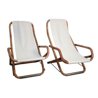Folding Bamboo and Brass Deck Chairs, Italy, 1960s, Set of 2 For Sale