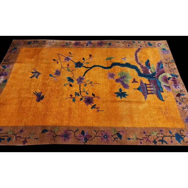 Art Deco 1920s Orange Scene Floral Antique Chinese Art Deco Rug 6'0" X 8'8" Knotted Wool Carpet For Sale - Image 3 of 9