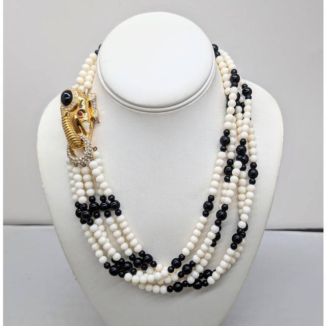 Mid-Century Modern Vintage 1970s Signed Ciner White & Black Beaded Elephant Necklace For Sale - Image 3 of 12