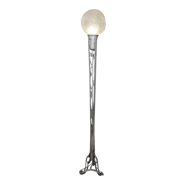 French Art Deco Nickeled Iron and Art Glass Floor Lamp Signed Muller Freres 1930 For Sale