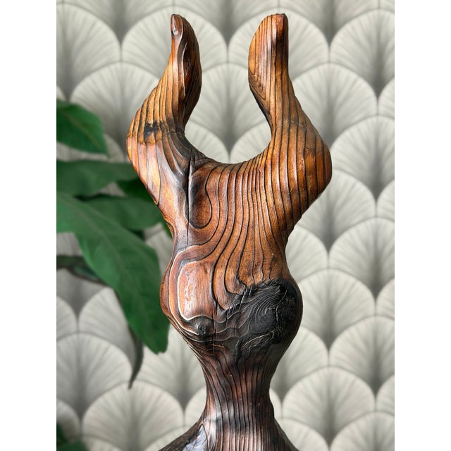 Vintage Mid-Century Modern Retro 1960s Tiki Polynesian Wood Carved Brutalist Sculpture Attributed to Witco For Sale - Image 11 of 18