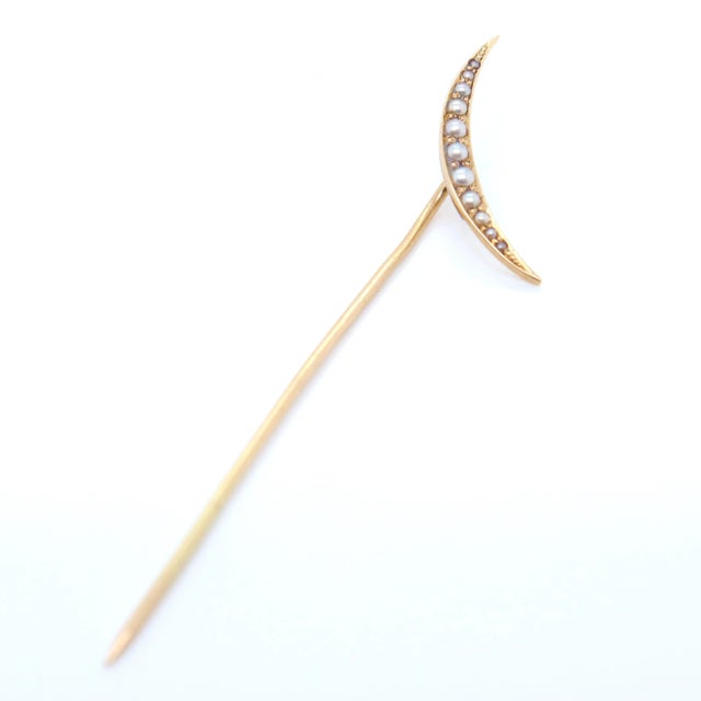 Gold Vintage Antique 14k Gold & Seed Pearl Crescent Moon Stick Pin For Sale - Image 8 of 8