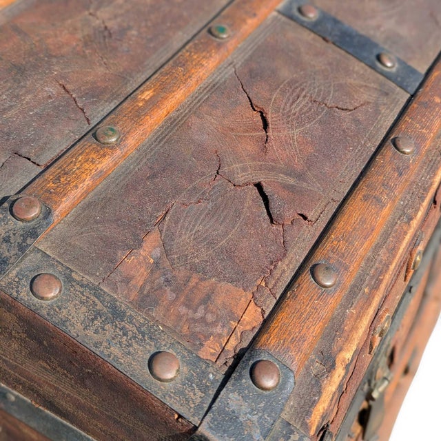 Antique Dome-Top Wooden Trunk With Original Iron Hardware and Patina, Late 19th Century For Sale - Image 14 of 15