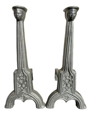 19th C. Gothic Victorian Figural Face Andirons - a Pair