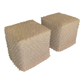 Fringed Ottoman Cubes in Wheat - a Pair For Sale
