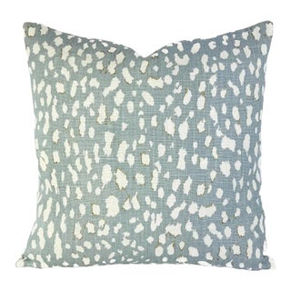 Jan Showers for Kravet Lynx Dot in Ciel Pillow Cover - Square Euro Sham - Light Blue With Cream Animal Spot Linen Print Cushion Case For Sale