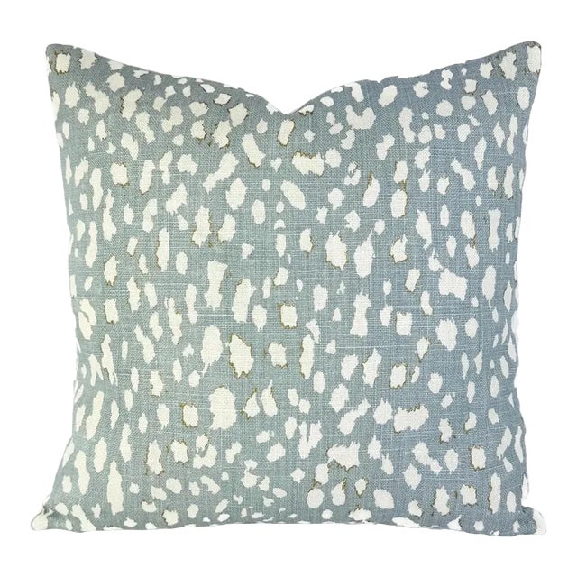 Jan Showers for Kravet Lynx Dot in Ciel Pillow Cover - Square Euro Sham - Light Blue With Cream Animal Spot Linen Print Cushion Case For Sale