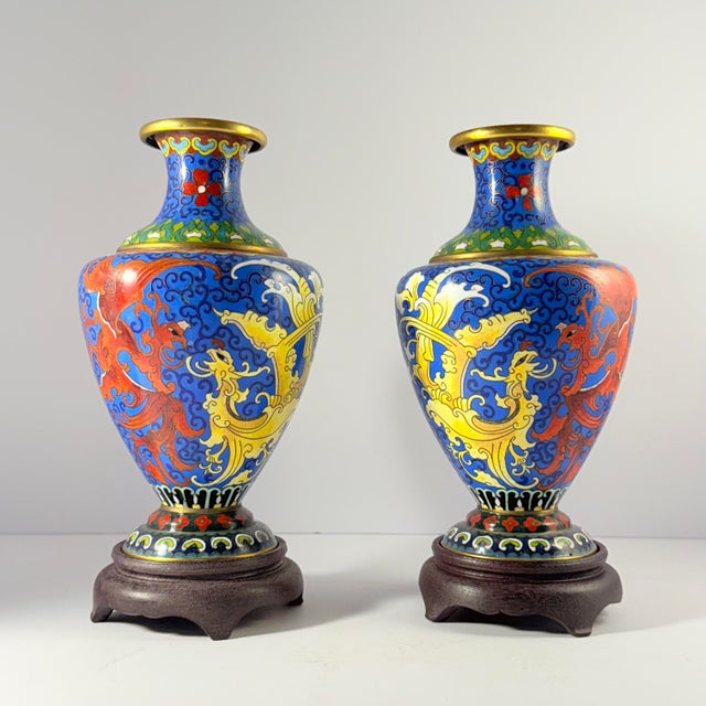 Chinese Mid 20th Century Chinese Cloisonné Phoenix & Dragon Vases with Stands- 4 Pieces For Sale - Image 3 of 6