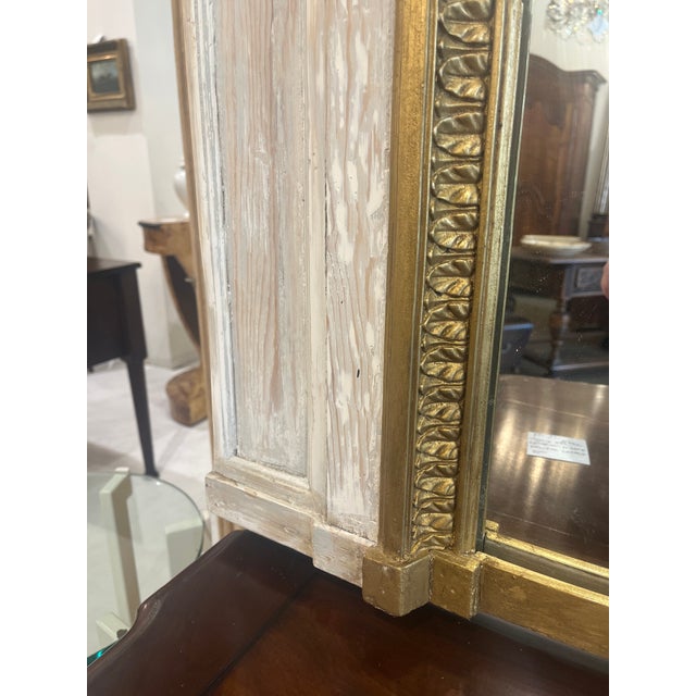 Large Gilt French Trumeau Mirror with distressed painted finish and gold gilt accenting