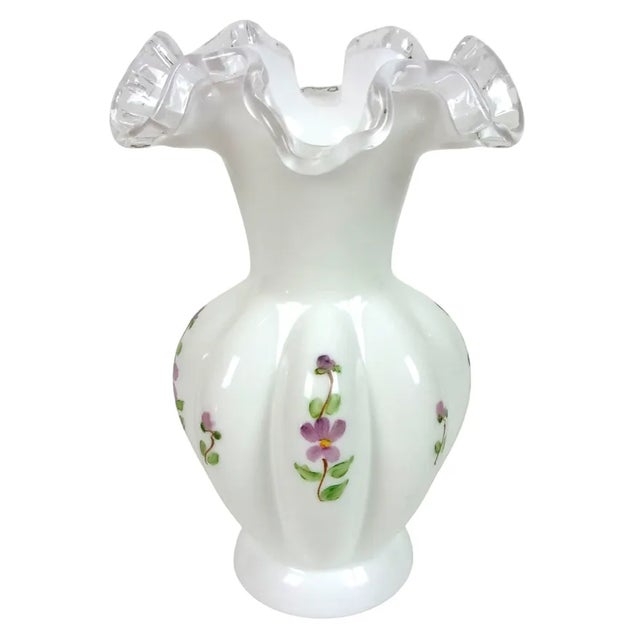 Mid-Century Modern Vintage Late 1960s Fenton "Violets in the Snow" Silver Crest Melon Vase For Sale - Image 3 of 6