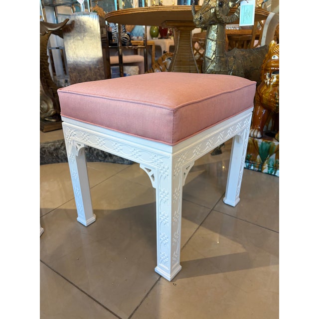 Lovely pair of vintage fretwork fret work benches ottomans that have been done in a gloss white, newly upholstered in a...