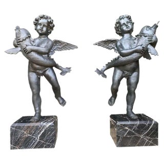 Large 20th Century Bronze Cherub Fountains with Fish, Set of 2 For Sale