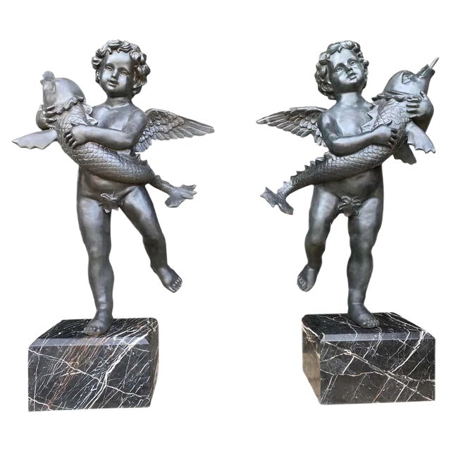 Large 20th Century Bronze Cherub Fountains with Fish, Set of 2 For Sale