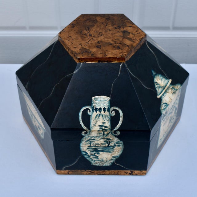 Vtg. Hexagonal Shaped Box With Asian Style Vessels For Sale - Image 12 of 15
