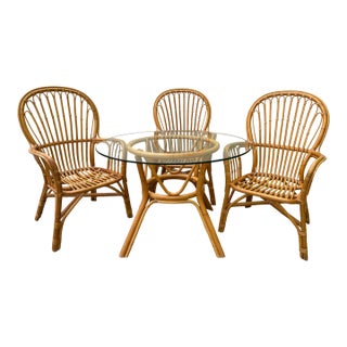 1980s Coastal Island Style Rattan/Bamboo Glass Top Dining or Game Table & 4 Chairs a Set For Sale