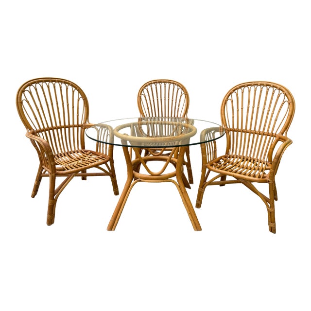 1980s Coastal Island Style Rattan/Bamboo Glass Top Dining or Game Table & 4 Chairs a Set For Sale