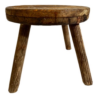 Early 20th Century Antique Rustic Solid Wood Round Milking Stool With 4 Legs For Sale