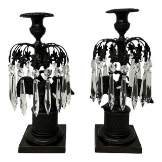 Antique Pair Regency Bronze Crystal Lustres Candlesticks Candelabra Eagles Prisms For Sale