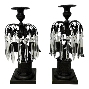 Antique Pair Regency Bronze Crystal Lustres Candlesticks Candelabra Eagles Prisms