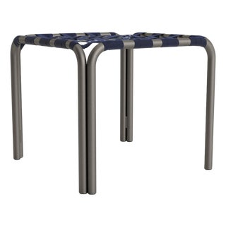 Brown Jordan Kantan Aluminum Stacking Stool/Occasional Table, Suncloth Lace, Mica frame with Marine fabric For Sale