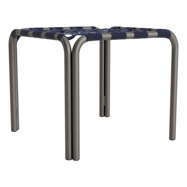 Brown Jordan Kantan Aluminum Stacking Stool/Occasional Table, Suncloth Lace, Mica frame with Marine fabric For Sale