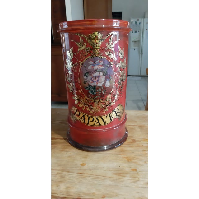 Red and Gold Screen-Printed Glass Pharmacy Jar, 1920 For Sale - Image 17 of 18
