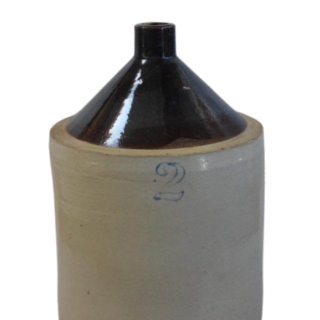 French Country Antique Two-Tone Stoneware Whiskey Moonshine Jug With Handle For Sale - Image 3 of 6