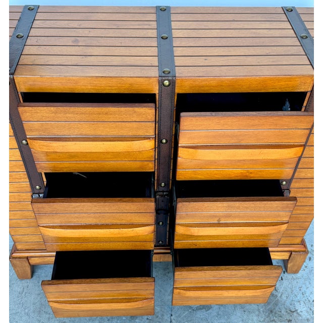 French Moderne Style Leather-Strapped Six-Drawer Chest Manner of Jacques Adnet For Sale - Image 10 of 14