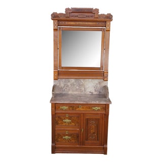 Antique Victorian Eastlake Walnut Burl Marble Washstand & Mirror Commode Cabinet For Sale
