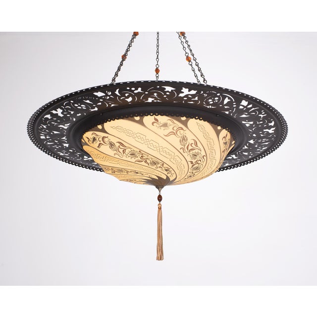 Art Nouveau Art Nouveau Fortuny Scudo Saraceno Venetian Bronze Silk Lamp Chandelier For Sale - Image 3 of 18
