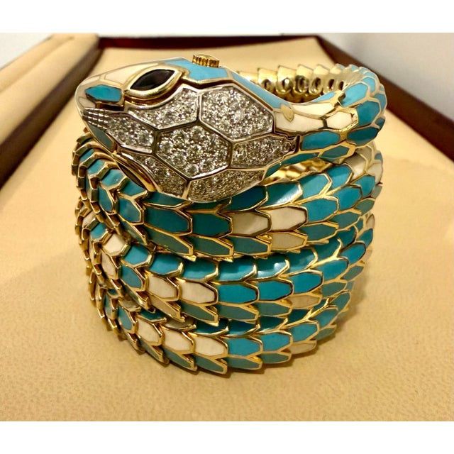Metal SNAKE COLLECTION , Turquoise & White SNAKE BRACELET , Diamonds, 18K & Sterling For Sale - Image 7 of 18