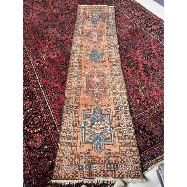 1930s Tribal Butterflies in the Border DUSTY CANTALOUP & Merlot Hues Rug 2.10 x 10.6 For Sale In Milwaukee - Image 6 of 8