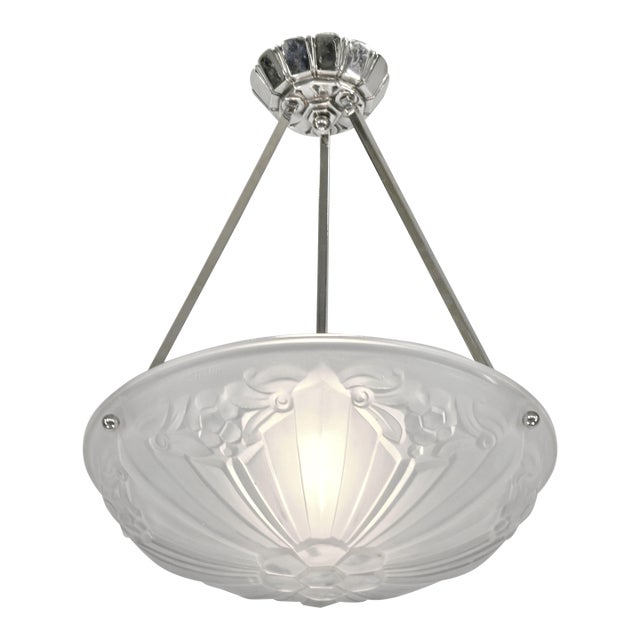 French Art Deco Pendant Light by Sonover - 1930s Frosted Glass & Nickeled Bronze For Sale