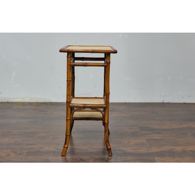English 1920s Bamboo and Woven Rattan Side Table with Sectioned Shelves For Sale - Image 9 of 12