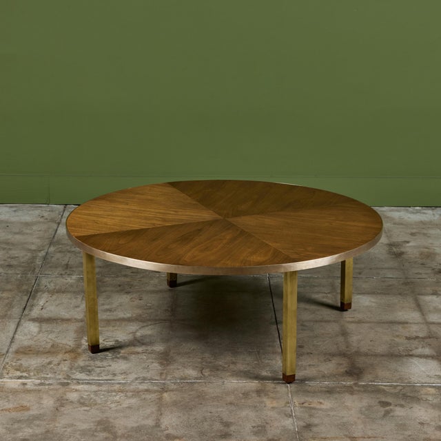 Wood Round Walnut Coffee Table With Brass Detail For Sale - Image 7 of 12