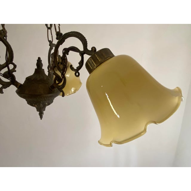 1960s Vintage Art Nouveau Revival Three-Light Chandelier with Opaline Glass Shades, Yugoslavia, 1960s For Sale - Image 5 of 12