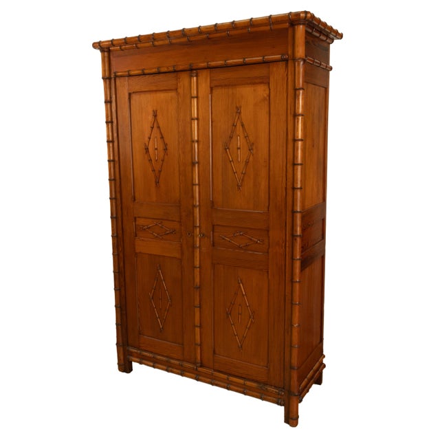 Traditional Antique 19th Century French Faux Bamboo Pine Armoire Wardrobe Cupboard 1880 For Sale - Image 3 of 10