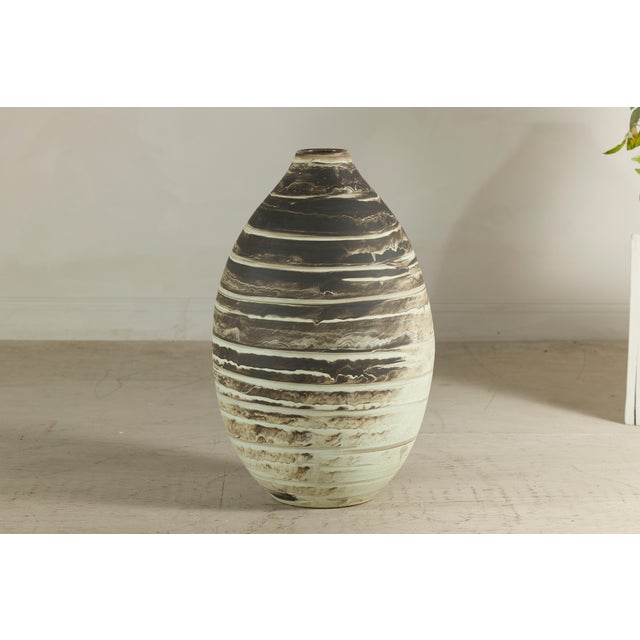 Large Artisan Ceramic Vase with Cream and Brown Striped Glaze For Sale - Image 12 of 12
