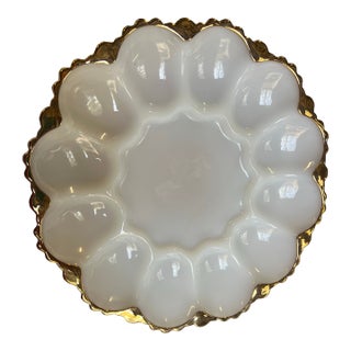 1970s Milk Glass Gold Rimmed Deviled Egg Platter For Sale