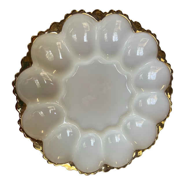 1970s Milk Glass Gold Rimmed Deviled Egg Platter For Sale