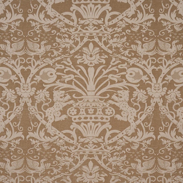 Schumacher Dougal Damask Fabric In Wheat For Sale