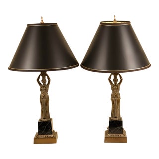 Vintage Neoclassical Alsy Bronze Caryatid Figural Table Lamps - Pair For Sale