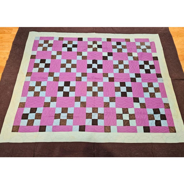 Violet Vintage American Amish “Nine Patch” Hand-Stitched Patchwork Quilt, 67" X 80" For Sale - Image 8 of 12