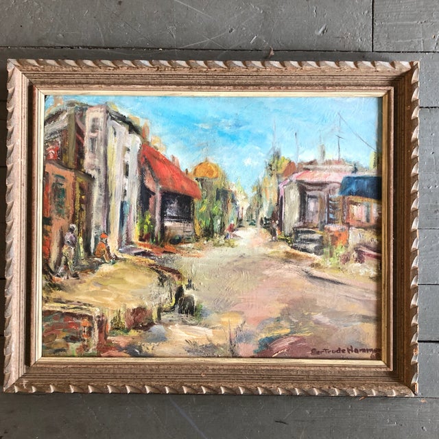 Wood Original Vintage 1960’s Eastern European Village Scene Painting by Gertrude Hammer For Sale - Image 7 of 7