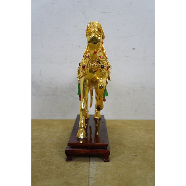 Late 20th Century Vintage Chinese Gold Plated Jeweled Tang Horse Sculpture Statue 10" For Sale - Image 5 of 16