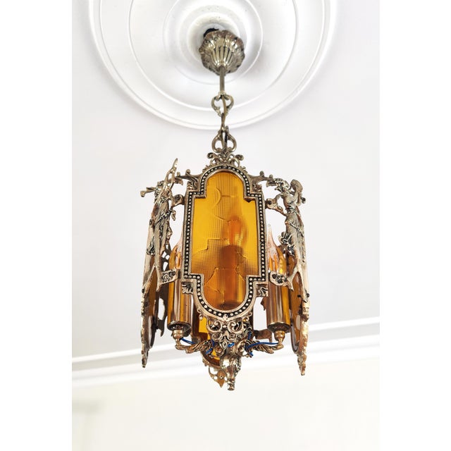 1960s 1960s Art Nouveau Brass Venus Pendant Light With Amber Glass For Sale - Image 5 of 14