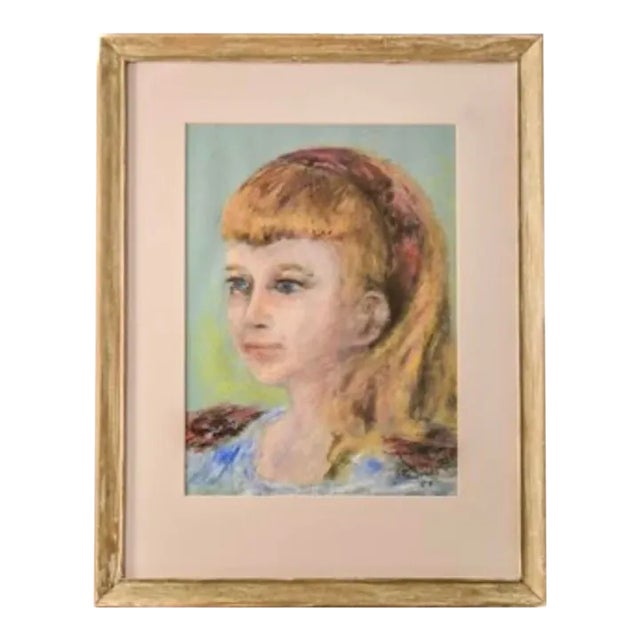 Vintage Portrait of a Girl "Pretty Blue Eyes" Pastel Drawing on Paper, Circa 1950s For Sale