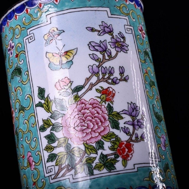 Vintage Enamel on Copper Brush Pot With Floral & Butterfly Motifs – Qing Style For Sale - Image 9 of 9