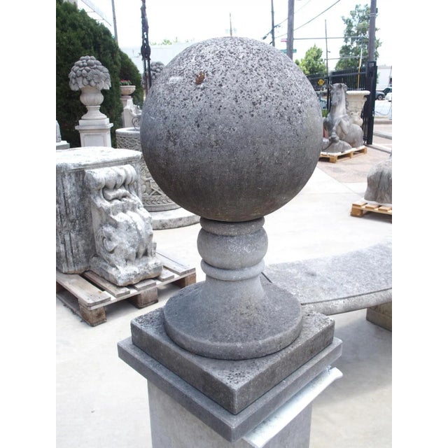 Pair of Tall Carved Italian Limestone Ball Finials on Pedestals For Sale - Image 10 of 12