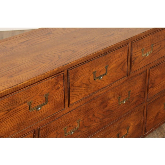 Henredon Campaign Style Oak Triple Dresser For Sale - Image 10 of 12